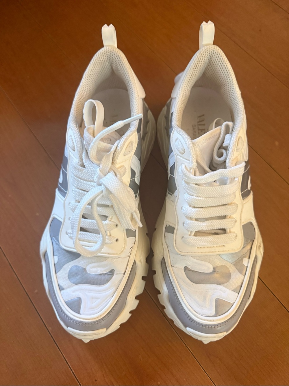 Valentino Garavani White and Gray Camouflage Chunky Sneakers